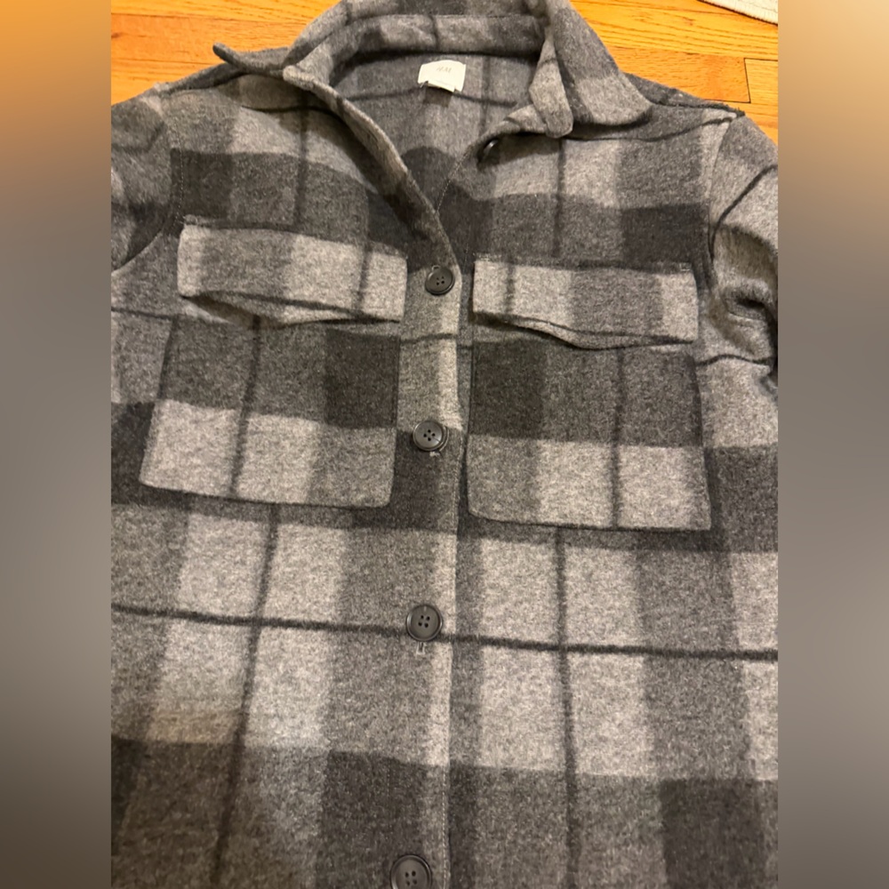 H&M Plaid Shacket Coat XS Gray Black Long Overshirt Jacket - Picture 5 of 12